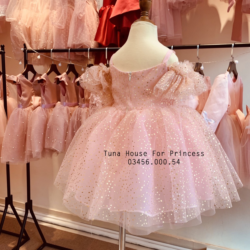 [Sẵn size 9-35kg] Váy đầm xoè công chúa thiết kế cho bé gái chấm bi nhũ trễ vai  - Tuna House For Princess