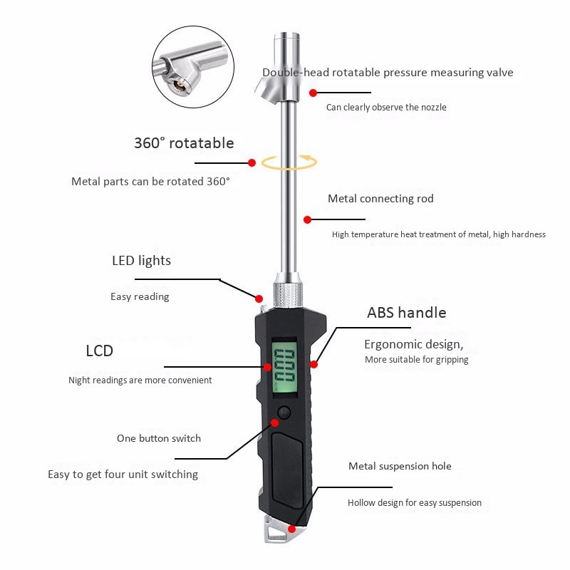 Máy Đo Áp Suất Lốp Xe Kỹ Thuật Số 230 PSI Màn Hình LCD Màu Dạ Quang