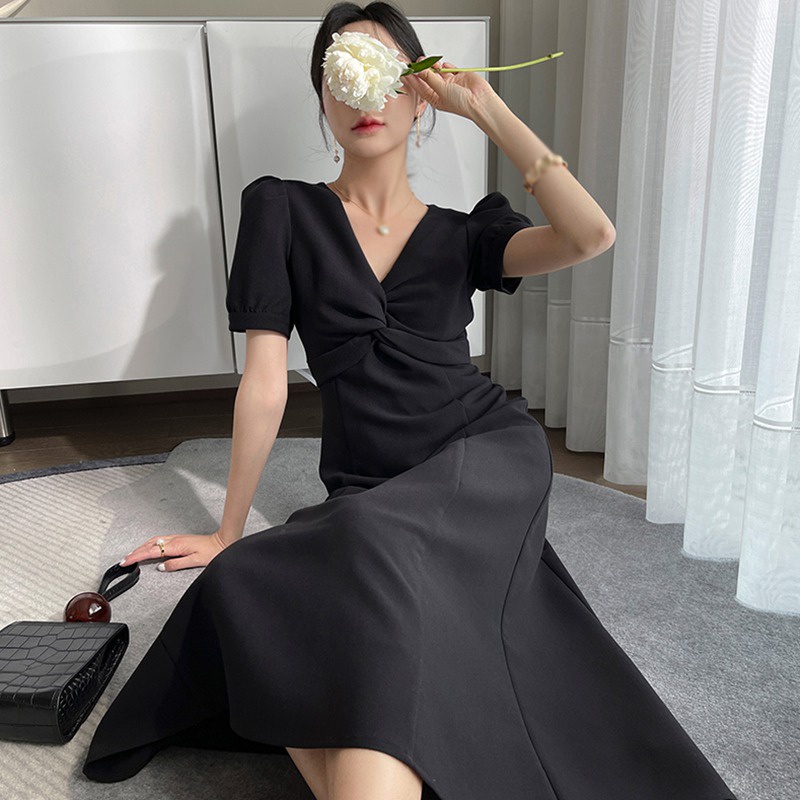 Đầm Tay Ngắn Cổ Chữ V Màu Sắc Trơn Phong Cách Hàn Quốc Thời Trang Mùa Hè Xinh Xắn Cho Nữ