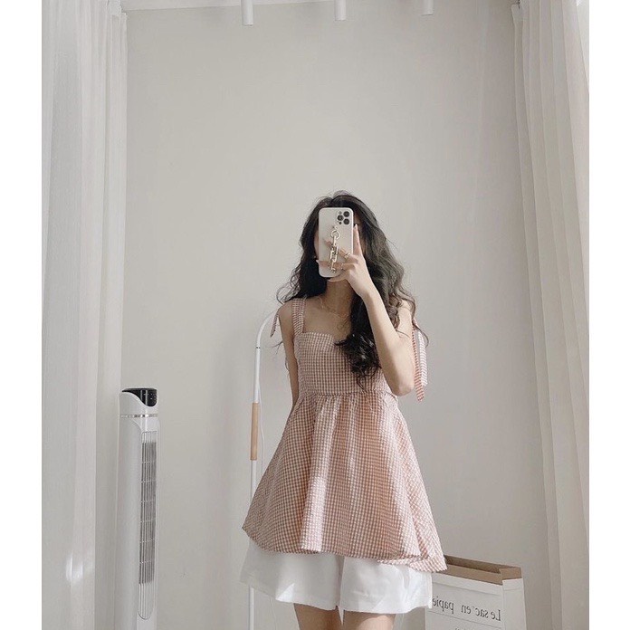 Set Áo Babydoll 2 Dây Kẻ Xanh Xốp Kèm Quần Sooc Trắng