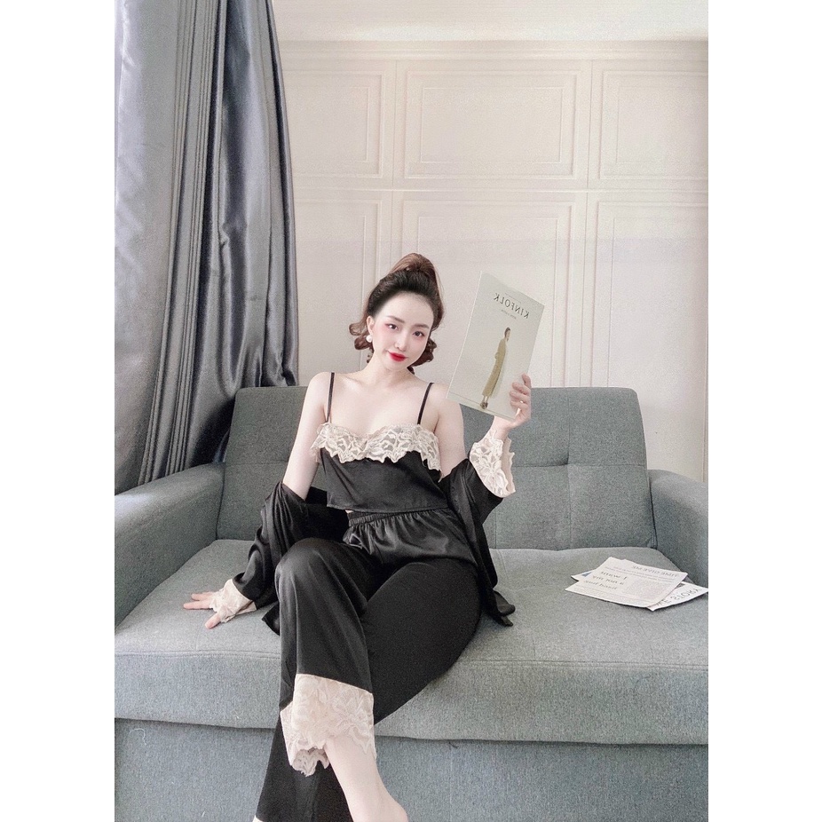 Đầm ngủ lụa 2 dây ❤ SANG CHẢNH ❤ bộ lụa mặc nhà cao cấp chất satin phối ren gồm áo choàng áo 2 dây và quần đùi cho nữ