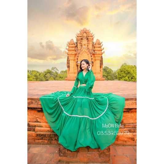 MOON BOHO - SET MAXI XANH LÁ VIỀN THỔ CẨM siêu xinh