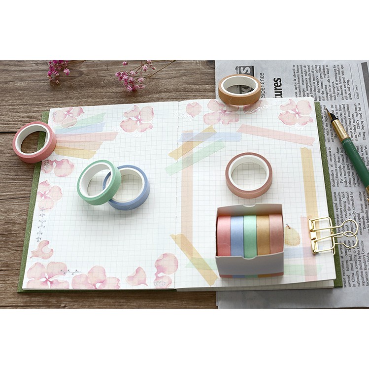 Set Washi tape băng dính pastel 5 cuộn đơn sắc X-MO trang trí sổ tay, Nhật ký, làm Bullet Journal