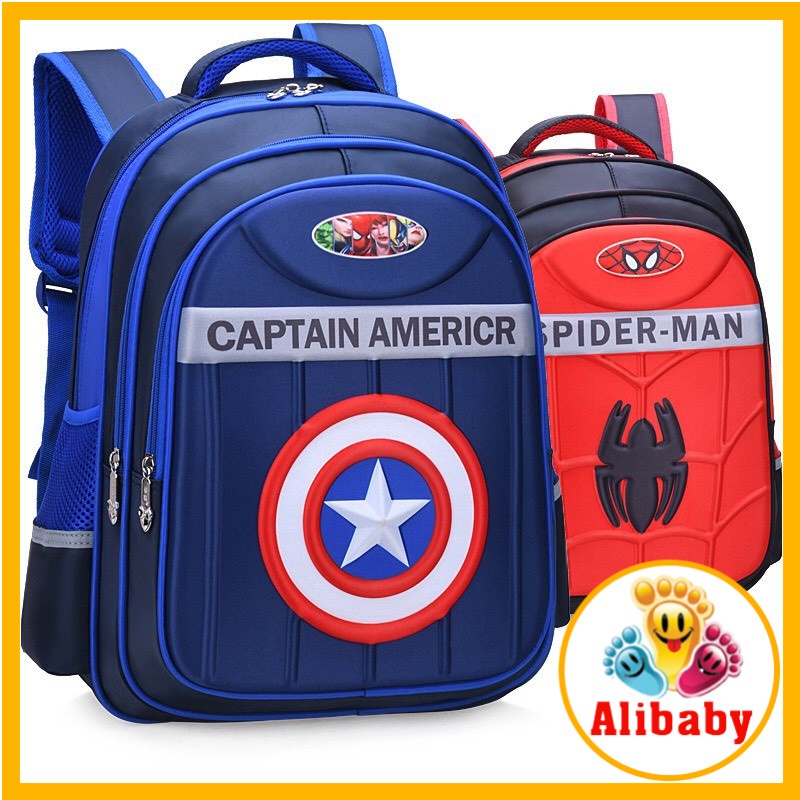 Balo người nhện đỏ Captain xanh hình in 3D cho bé trai đi học cấp 1 E136