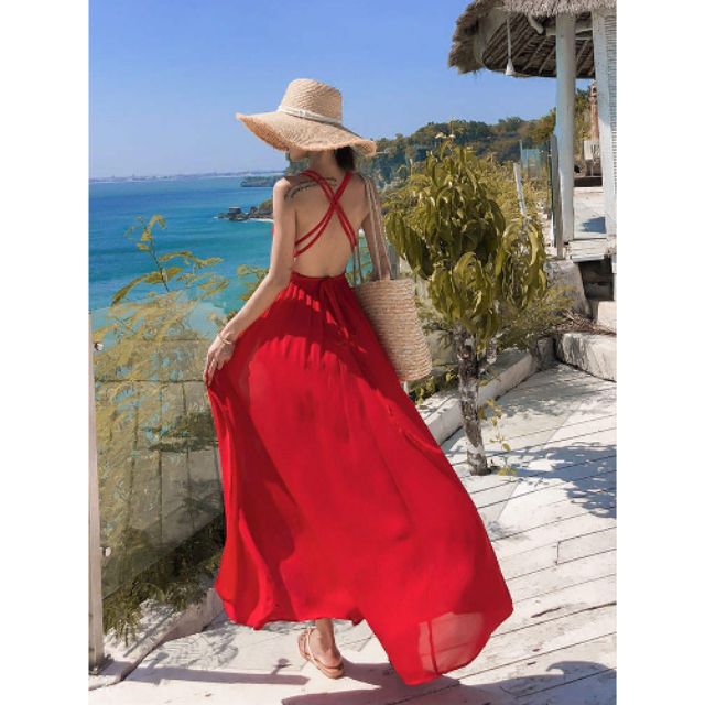🔴Đầm maxi đỏ đan lưng/ hở lưng xẻ tà đi biển | BigBuy360 - bigbuy360.vn