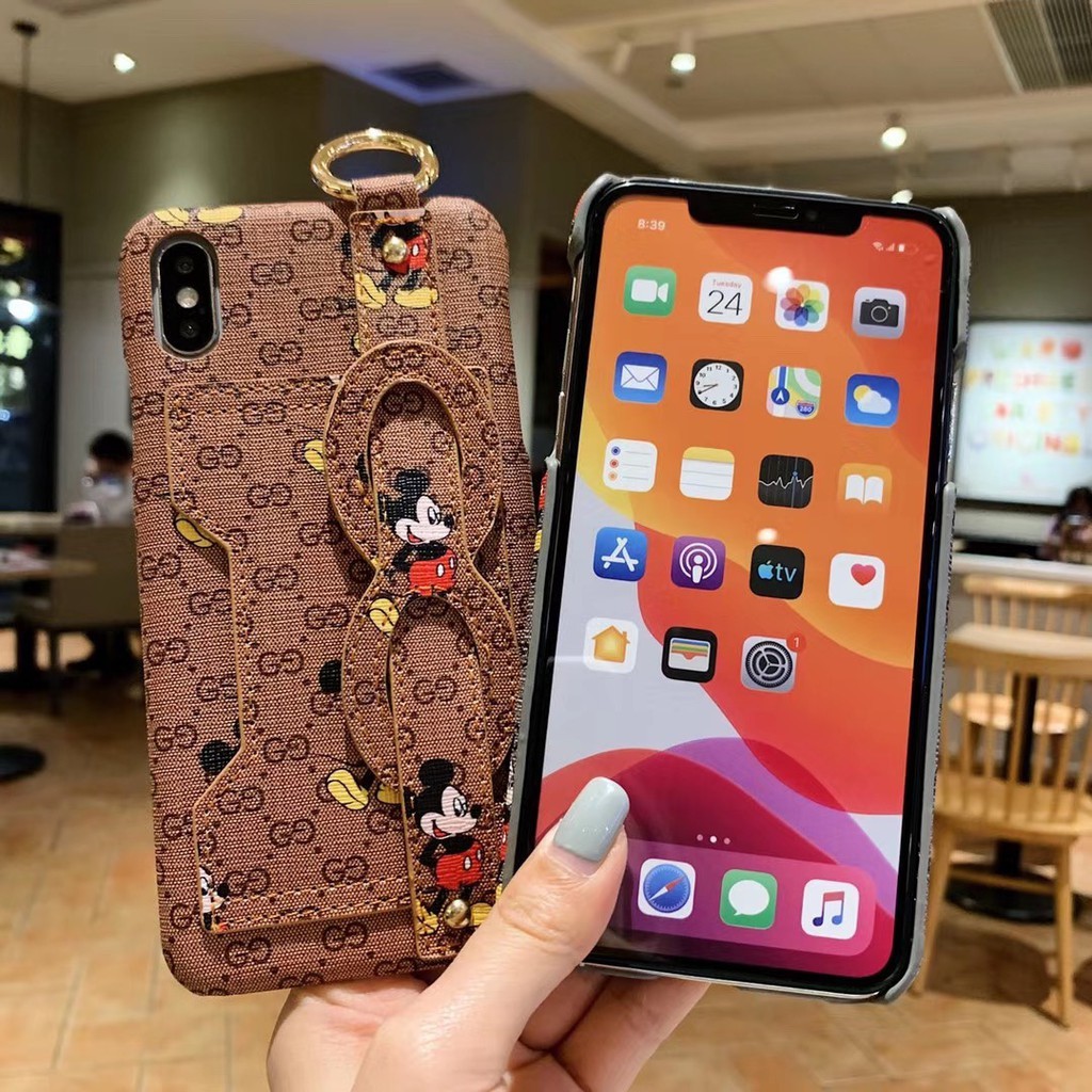 Ốp điện thoại đôi bằng da hình Mickey có dây đeo và ngăn đựng thẻ cho iphone 1 11pro x xr max