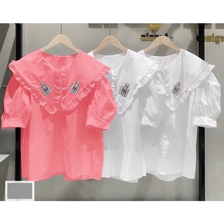 Áo sơ mi nữ bánh bèo họa tiết in logo xinh xắn, áo sơ mi nữ cổ thuyền cánh sen 🍀🍀🍀Pc877