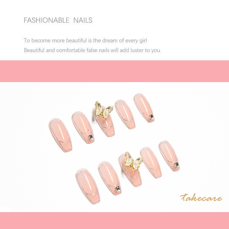 [Hàng mới về] Set 24 móng giả dáng dài đính hình bướm trong suốt và đá sang trọng thanh lịch cho nữ