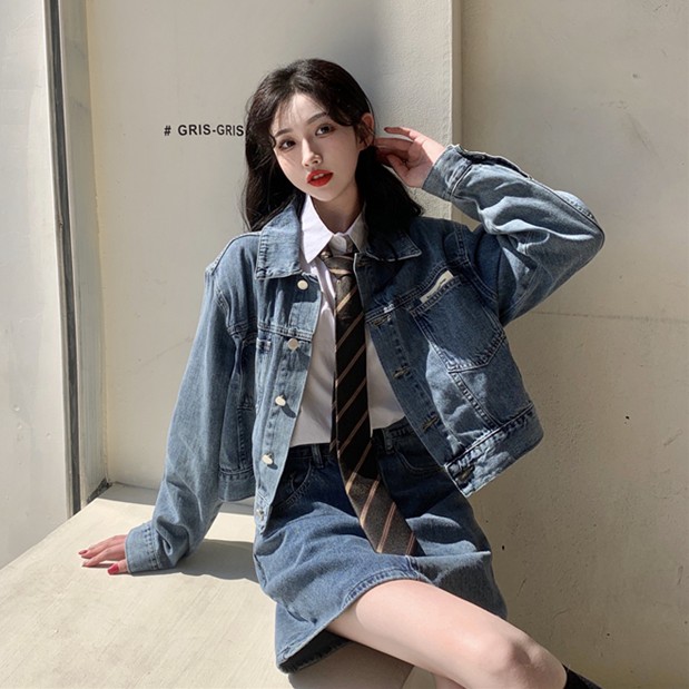 Set áo khoác denim + chân váy lưng cao Xiaozhainv phong cách retro (Có bán lẻ) | BigBuy360 - bigbuy360.vn