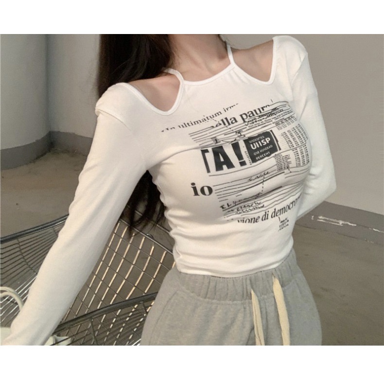 Áo len dệt kim hở vai mix hình cá tính (5812#)