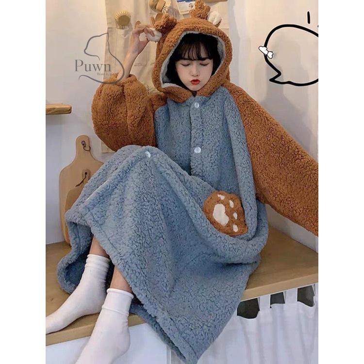 Váy bông ấm áp gấu nâu xanh cute Puwn Shop