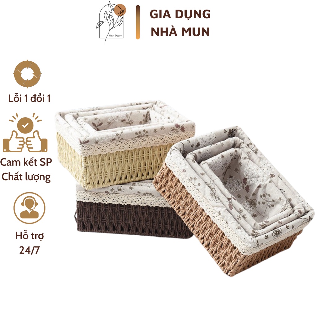 Giỏ mây lót vải vintage hình chữ nhật vintage, giỏ đi picnic, để bàn decor góc làm việc