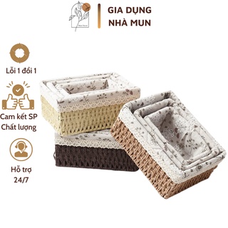 Giỏ mây lót vải vintage hình chữ nhật vintage, giỏ đi picnic, để bàn decor góc làm việc