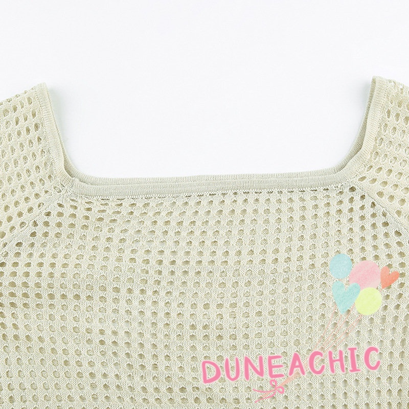 DUNEA Áo Kiểu Tay Dài Trễ Vai Phối Lưới Phong Cách Quyến Rũ