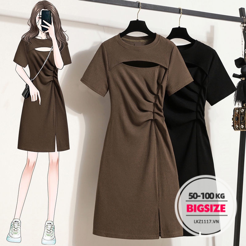 Đầm body Bigsize Váy nữ dáng ôm tay ngắn cổ tròn xẻ tà xếp ly mùa hè Phong cách Hàn Quốc Thời Trang tiểu thư cá tính xinh đẹp cho người mập béo