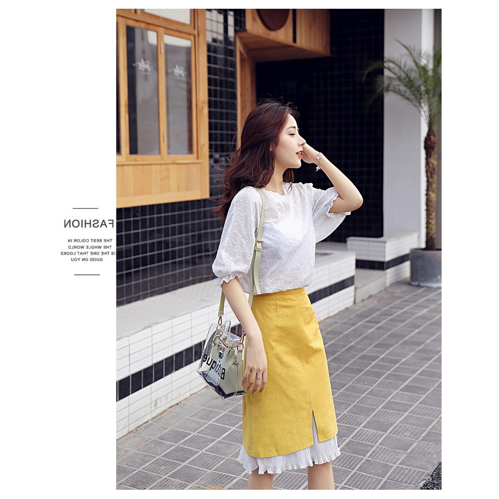 ( Hàng sẵn) Đầm nữ, ÁO REN hoa lưới bi trắng kết hợp chân váy bò phong cách Pháp | BigBuy360 - bigbuy360.vn