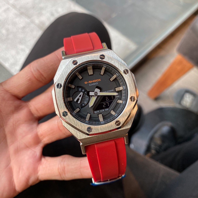 Đồng hồ nam Casio G-shock GA-2100SU-1A custom viền thép dây cao su - Kích thước vỏ : 48,5×45,4×11,8mm