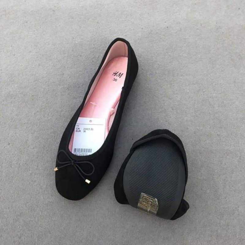 Giày bệt búp bê H&M đính nơ da lộn màu nude size 38