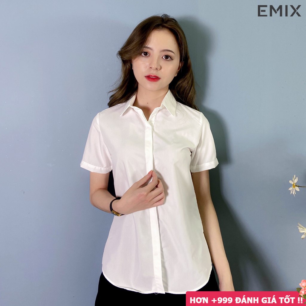 Áo sơ mi nữ cộc tay EMIX (màu trắng), công sở, dáng dài, tay ngắn, chất lụa thô đẹp không lộ, mềm mại