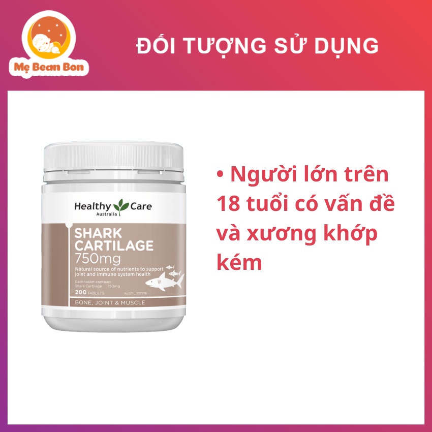 Sụn vi cá mập Healthy Care Shark Cartilage 750mg 200 viên của úc hỗ trợ xương khớp cho người trên 18 tuổi trở lên