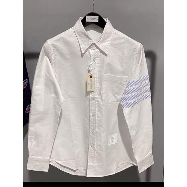 Áo sơ mi thom browne trắng viền 4 sọc xanh