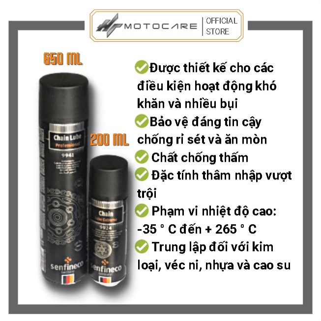 Xịt dưỡng sên SENFINECO nhập khẩu Đức chính hãng không văng êm ái chai 650ml và 200ml HTMotocare