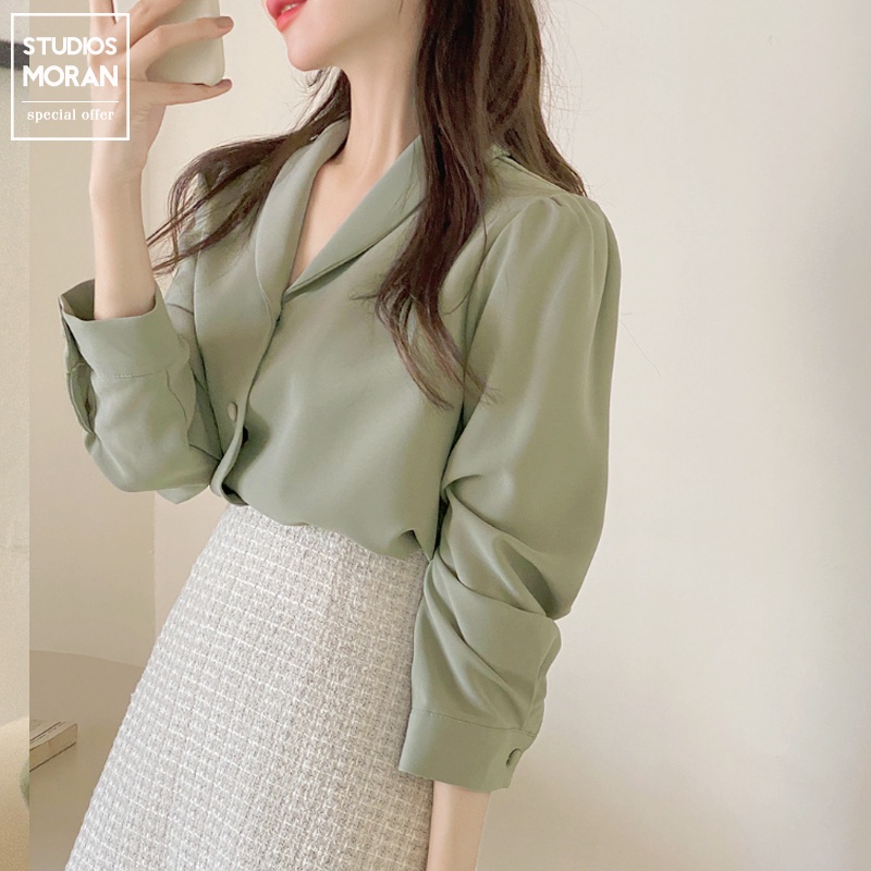 Áo sơ mi dài tay MORAN cổ bẻ cài khuy màu xanh pastel nhẹ nhàng thanh lịch style Hàn Quốc