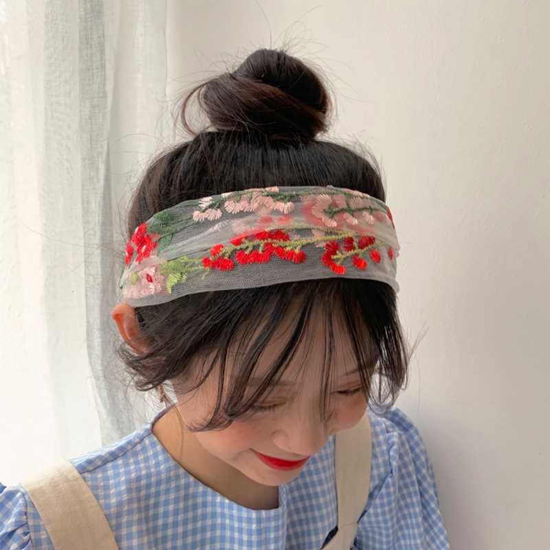 Băng Đô Vải Lưới Thêu Hoa Xinh Xắn Phong Cách Retro