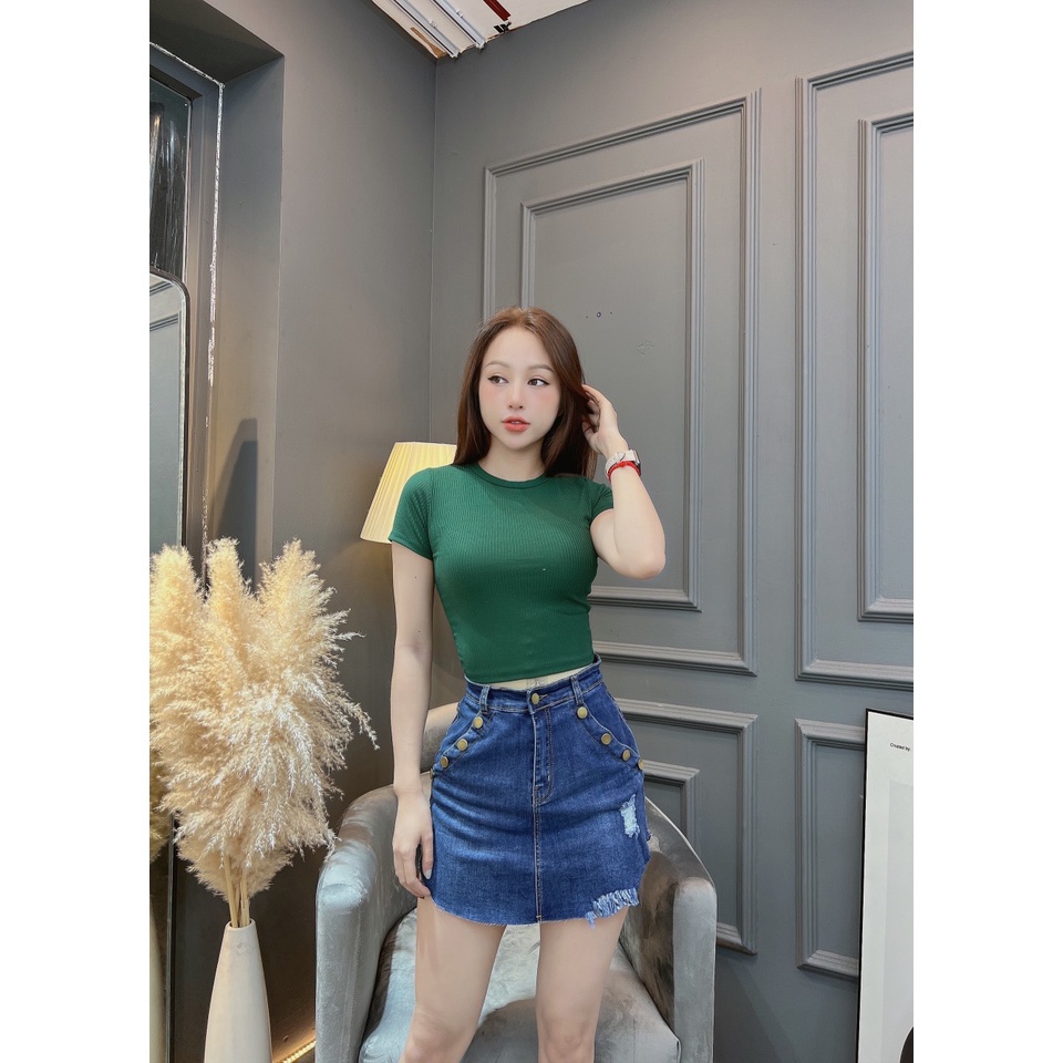 Áo thun croptop nữ CRAZYTEEN cổ tròn tay con AT0220