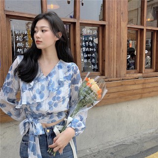 Áo croptop cổ V bèo ngực buộc nơ eo (có ảnh thật)