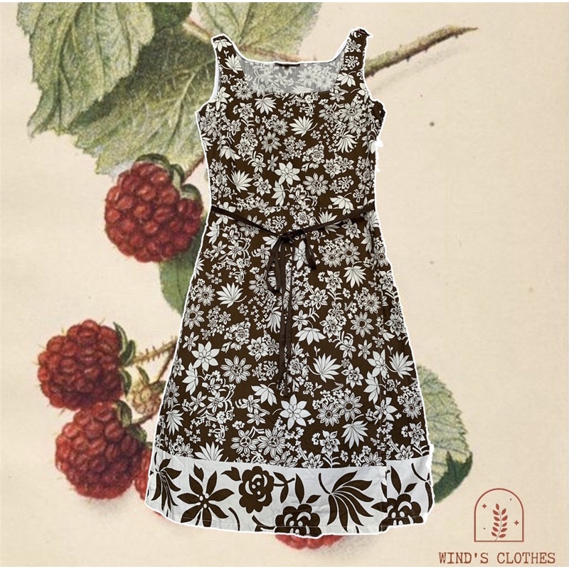 2hand Wind's Clothes 🍂 Váy xô Nhật vạt chéo dây eo hoạ tiết hoa nâu viền trắng