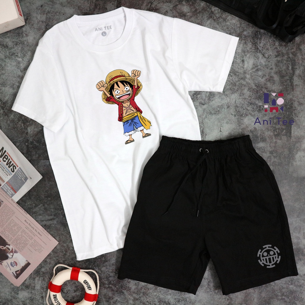 [UNISEX] COMBO ÁO THUN COTTON + QUẦN SHORT ONE PIECE - LUFFY HOẠT HỌA