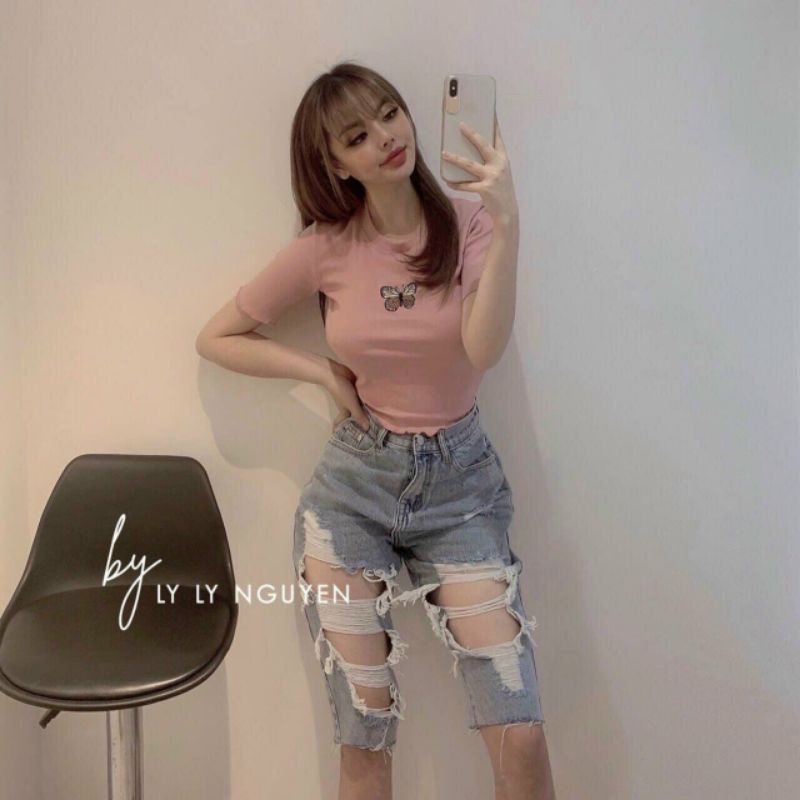 Áo croptop borip thêu vải dày dặn