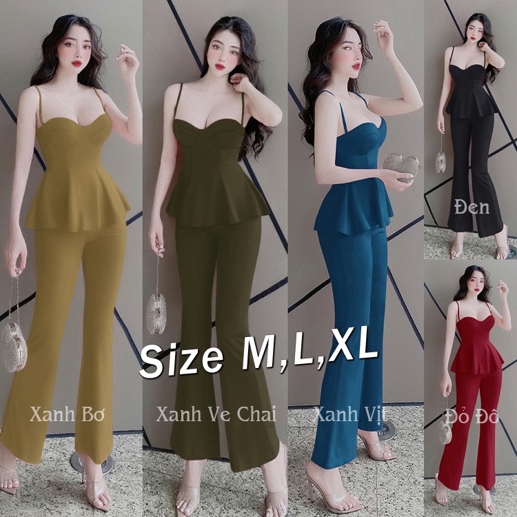 Set nguyên bộ áo cúp ngực 2 dây quần dài ống loe dây kéo trước - SET1159