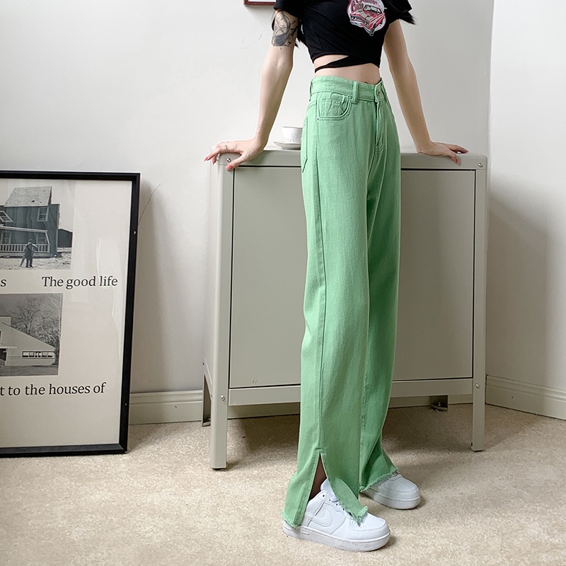 Quần Jean Dài Lưng Cao Dáng Rộng Xẻ Tà Màu Xanh Lá Nhạt Thời Trang Đường Phố Hợp Thời Trang Cho Nữ
