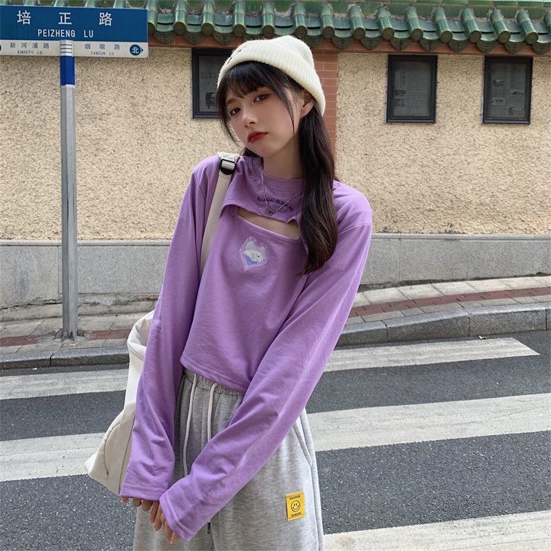 【ZHELIHANGFEI】Áo Thun Tay Dài Form Rộng Lưng Cao Dễ Phối Đồ