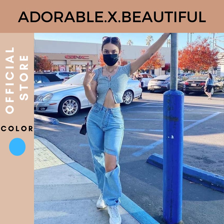 Quần Jeans Xanh Nhạt Suông Rách Phong Cách Bụi Bặm Cá Tính Hot Trend 2022