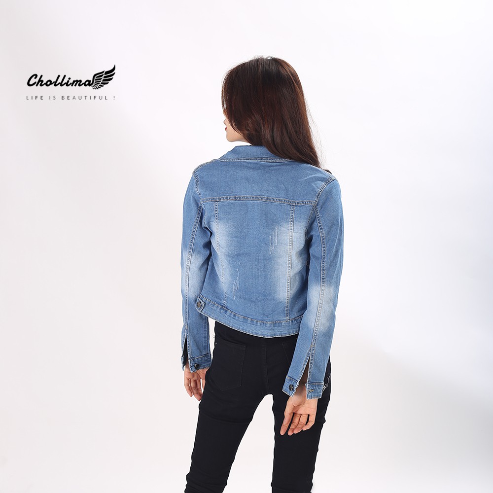 Áo khoác jean nữ Chollima co giãn xanh nhạt mài xước AK003 – áo khoác bò phong cách hàn quốc | BigBuy360 - bigbuy360.vn