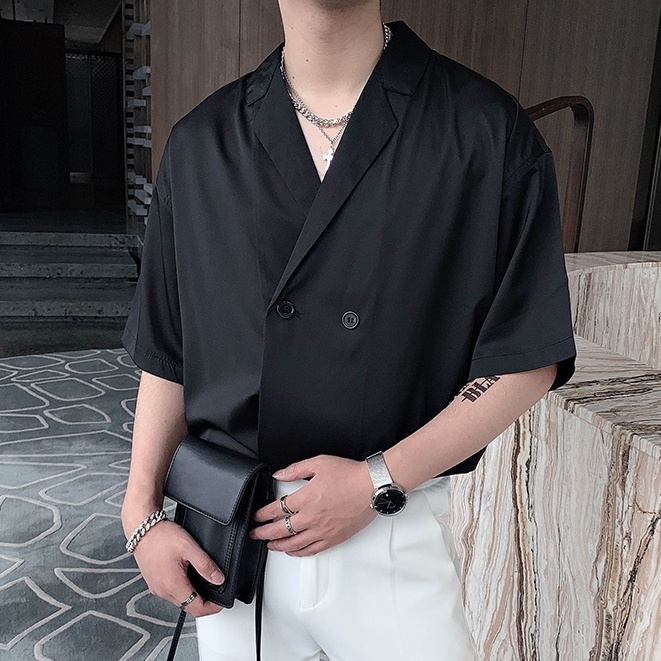 Áo Sơ Mi Tay Ngắn Vải Satin Thời Trang Mùa Hè Phong Cách Hàn Quốc Cho Nam