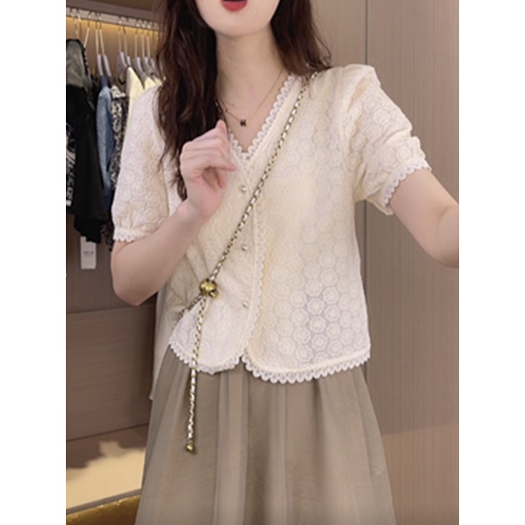Hàng Châu Âu Cao Cấp Áo Cardigan Ngắn Tay Phối Ren Hoa Dây Xích Thời Trang Mùa Hè  Thiết Kế Mới Dành