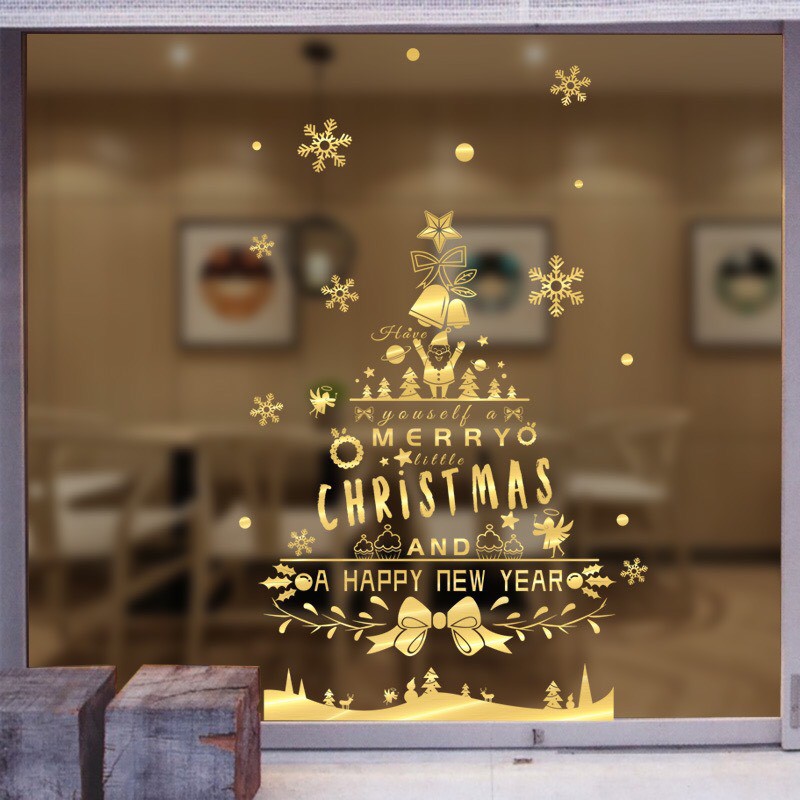 Decal dán tường Noel - chữ chi tiết ghép Cây Thông cao cấp ánh vàng
