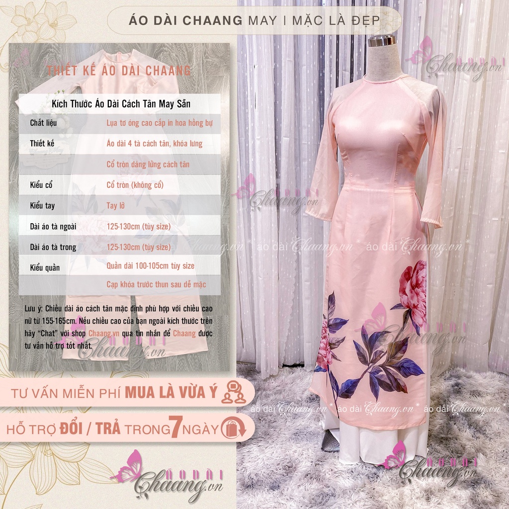 Áo dài cách tân nữ - Áo dài 4 tà lụa tơ in hoa nhẹ nhàng cổ tròn trẻ trung truyền thống