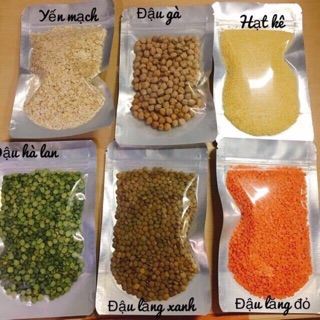 Hạt đậu gà, đậu lăng đỏ, hạt kê vàng, hướng dương, hạt bí xanh, yến mạch, gạo lứt chia thành túi nhỏ 100gr