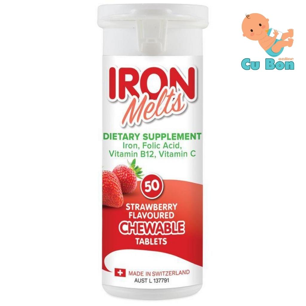 Viên ngậm bổ sung sắt Iron Melts Chewable vị dâu 50 viên của Úc Bổ Sung Sắt, Acid Folic, Vitamin B12 Và Vitamin C