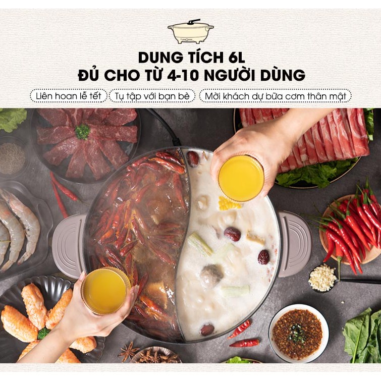 Nồi lẩu uyên ương 1 ngăn 4L Bear C40M1 đa năng, công suất 1500W, bếp nấu mì, chiên,xào, hầm cho cả gia đình, BH 12 tháng