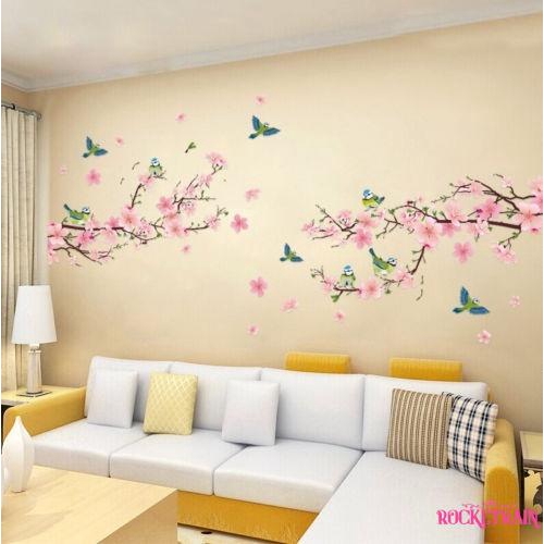 Miếng dán tường trang trí hình dáng nhánh hoa anh đào và chim chóc độc đáo