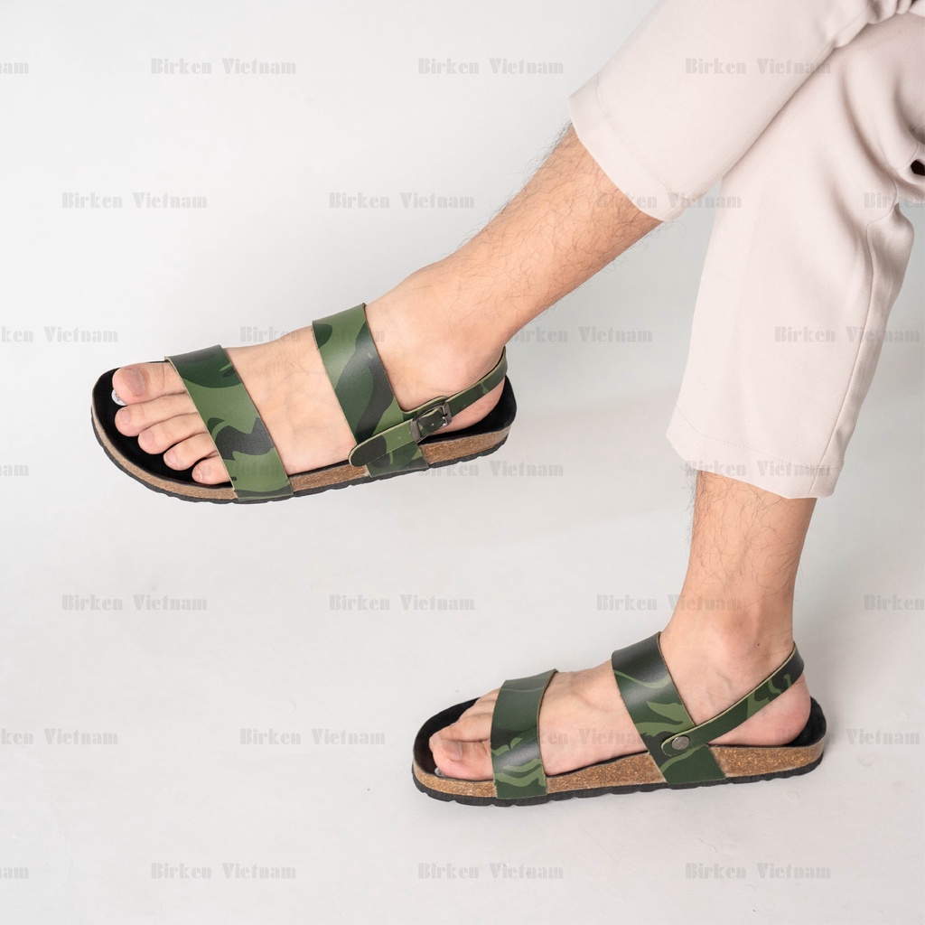 Mã R15 Sandal ĐẾ TRẤU Da PU Camo Rằn Ri Hai Quai Ngang Unisex Birken Vietnam Bioline