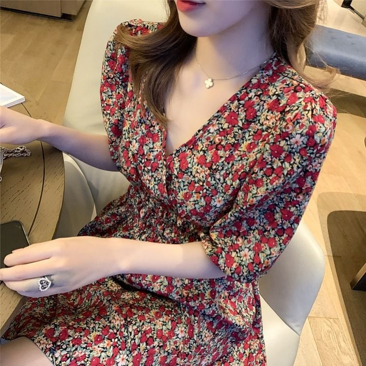 Đầm Cổ Chữ V Chiết Eo In Họa Tiết Hoa Phong Cách Retro Pháp Nữ Tính