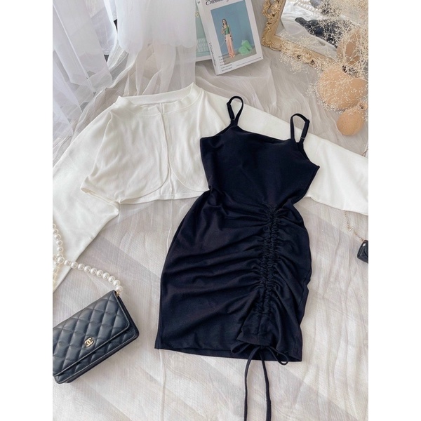 Set áo tay dơi + đầm body dây rút