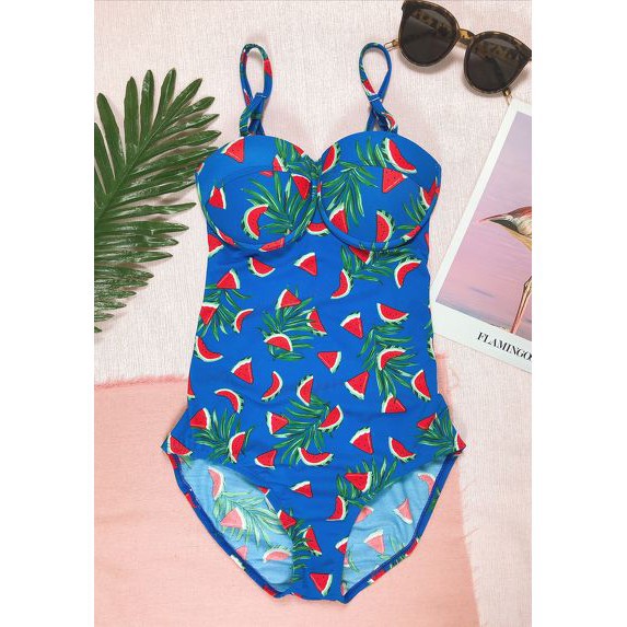 Bikini liền gọng cúp ngực đan lưng nền xanh dưa hấu đỏ | BigBuy360 - bigbuy360.vn